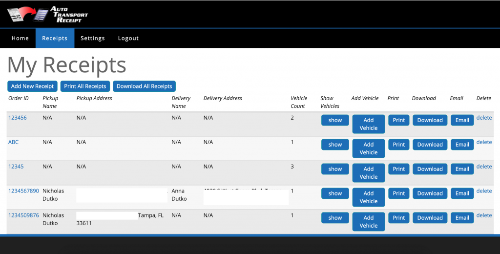 Auto Transport Receipt - Main Screen