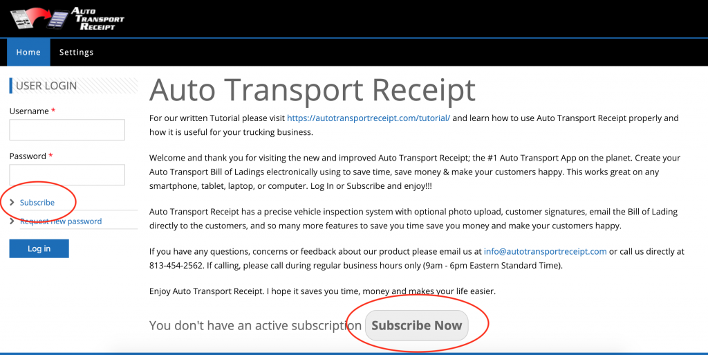 Auto Transport Receipt - Subscribe